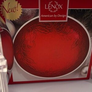 Red and silver Lenox candy dish. NIB